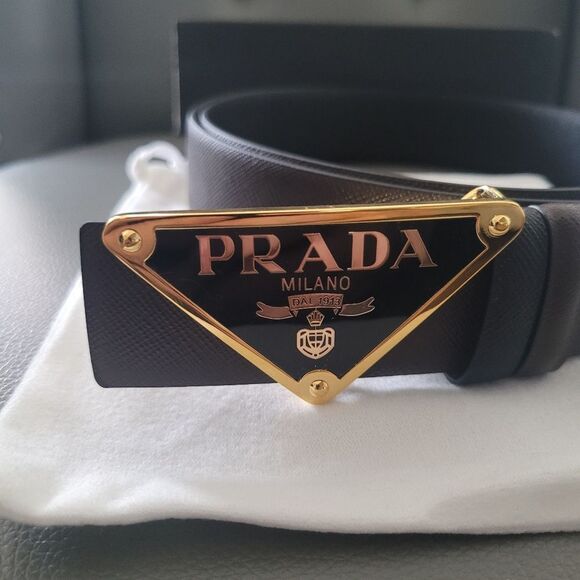 Prada Reversible Black/Brown Leather Belt with Gold Logo. Size 42